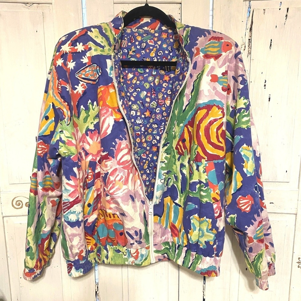 VTG 80s Reversible Bomber Jacket Ocean Themed Size Large Vibrant Rare EUC USA